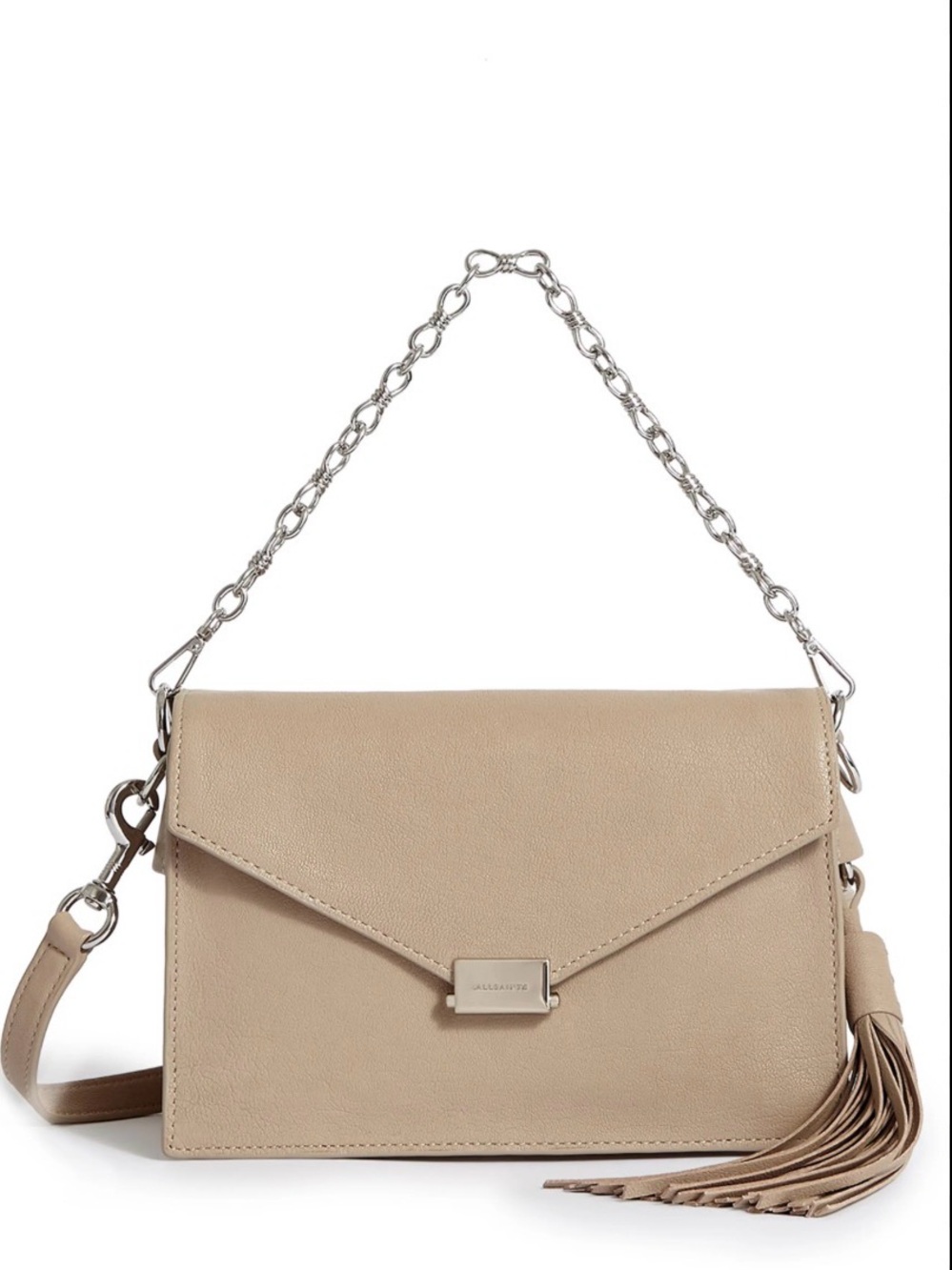 All Saints Miki Leather Envelope Crossbody Bag with Chain Strap